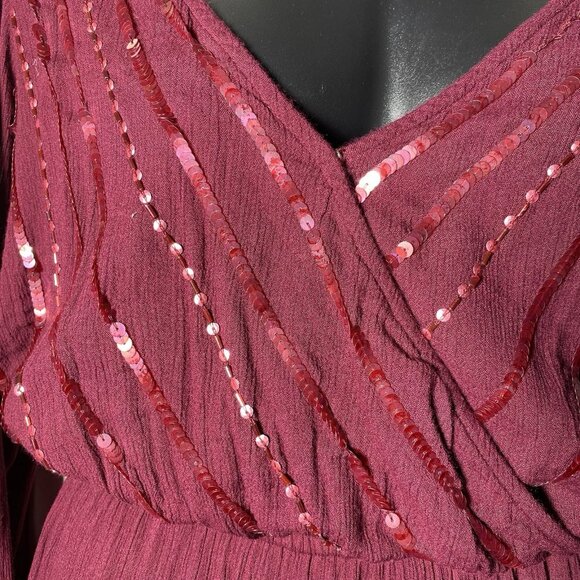 Chelsea & Violet Burgundy Sz Medium Crinkled Dress Beaded Sequin Vneck Holiday - Picture 4 of 10